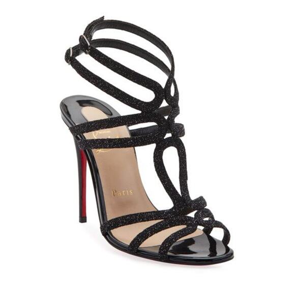 Christian Louboutin NIB Renee Glitter 100 Black Ankle Strap Heels Sandals 39.5 - Picture 3 of 7